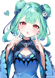 Rule 34 | 1girl, animal print, blue dress, blue hair, blush, butterfly print, commentary request, dated, detached sleeves, double bun, dress, earrings, eyelashes, finger to cheek, flat chest, gradient hair, green hair, hair bun, hair ornament, hair ribbon, hands up, head tilt, heart, highres, hololive, index finger raised, jewelry, looking at viewer, medium hair, multicolored hair, open mouth, red eyes, ribbon, simple background, skull earrings, skull hair ornament, solo, symbol in eye, twitter username, two-tone hair, umibouzu (niito), upper body, uruha rushia, uruha rushia (1st costume), virtual youtuber, white background, wide sleeves