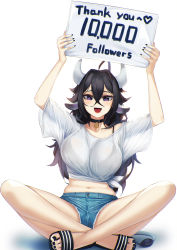 Rule 34 | 1girl, animal ears, bell, black bra, black hair, black nails, blueorca, bra, breasts, choker, cow ears, cow horns, cow tail, crossed legs, denim, denim shorts, english text, flip-flops, hair between eyes, highres, holding, holding sign, horns, large breasts, long hair, looking at viewer, midriff, milestone celebration, nail polish, navel, neck bell, open mouth, original, purple eyes, sandals, see-through, see-through shirt, short shorts, shorts, sign, simple background, sitting, smile, solo, tail, thank you, toenail polish, toenails, underwear, white background