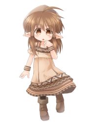 Rule 34 | 1girl, blush, brown eyes, brown hair, flat chest, hat, kso, looking at viewer, original, pointy ears, simple background, solo, white background