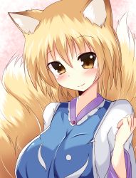 Rule 34 | 1girl, animal ears, blonde hair, blush, breasts, dress, fox ears, fox tail, highres, large breasts, looking at viewer, multiple tails, naba (take tonbo), no headwear, smile, solo, tabard, tail, touhou, upper body, white dress, yakumo ran, yellow eyes