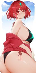 Rule 34 | 1girl, arind yudha, ass, bare shoulders, bikini, black bikini, blush, breasts, closed mouth, from side, gradient background, hair ornament, highres, jacket, large breasts, long sleeves, looking at viewer, off shoulder, pyra (xenoblade), red eyes, red hair, red jacket, short hair, simple background, smile, solo, swimsuit, thighs, xenoblade chronicles (series), xenoblade chronicles 2