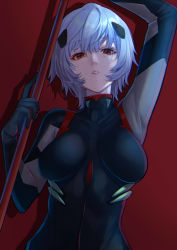 Rule 34 | 1girl, ayanami rei, blue hair, breasts, evangelion: 3.0 you can (not) redo, hair ornament, highres, holding, holding lance, holding polearm, holding weapon, lance, lance of longinus (evangelion), looking at viewer, lying, medium breasts, mikan (chipstar182), neon genesis evangelion, on back, plugsuit, polearm, rebuild of evangelion, red background, red eyes, short hair, solo, upper body, weapon