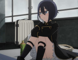 Rule 34 | 1girl, black hair, cosplay, frills, gloves, hair between eyes, hand on own face, head rest, highres, inui sajuna, long sleeves, looking to the side, military, military uniform, purple eyes, screencap, short hair, sono bisque doll wa koi wo suru, stitched, thighs, third-party edit, uniform, white gloves