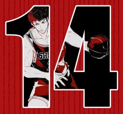Rule 34 | 1boy, absurdres, ball, bare arms, baseball jersey, basketball (object), basketball uniform, clenched teeth, clothes writing, collarbone, dribbling (basketball), fingernails, highres, jersey, male focus, mitsui hisashi, monochrome, short hair, shorts, slam dunk (series), solo, sportswear, teeth, u 5ham0