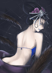Rule 34 | 1girl, antaria, bare shoulders, blue eyes, from behind, grin, hair ornament, arthropod girl, journey to the west, monster girl, signature, silk, smile, solo, spider girl, spider web, zhi zhu jing