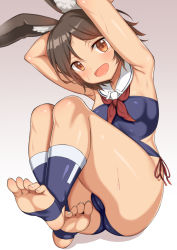 Rule 34 | 1girl, animal ears, armpits, arms up, ass, azur lane, bare shoulders, brown eyes, brown hair, cameltoe, detached collar, feet, i-26 (azur lane), legs up, lying, neckerchief, on back, one-piece swimsuit, open mouth, rabbit ears, red neckerchief, sailor collar, school swimsuit, short hair, simple background, smile, soles, solo, stirrup legwear, strapless, strapless one-piece swimsuit, swimsuit, toeless legwear, toes, toshishikisai