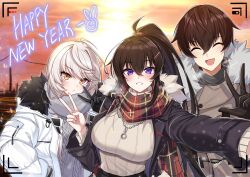 Rule 34 | 1boy, 2girls, absurdres, ahoge, black gloves, brown hair, chinese zodiac, closed eyes, closed mouth, counter:side, day, gloves, hair between eyes, hands in pockets, happy new year, highres, hilde (counter:side), jacket, joo shiyoon, long hair, long sleeves, looking at viewer, maett, meme attire, multiple girls, new year, open clothes, open jacket, open mouth, outdoors, ponytail, scarf, selfie, short hair, smile, v, virgin killer sweater, white hair, year of the rabbit, yoo mina