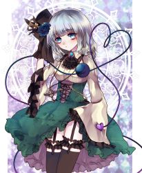 Rule 34 | 1girl, adapted costume, ascot, bad id, bad pixiv id, black thighhighs, blue eyes, brooch, clothes lift, dress, dress lift, flower, garter straps, ginzuki ringo, green dress, hair flower, hair ornament, heart, heart of string, highres, jewelry, komeiji koishi, long sleeves, looking at viewer, necklace, pendant, shirt, silver hair, solo, thighhighs, thighs, third eye, touhou, underbust, wide sleeves, zettai ryouiki