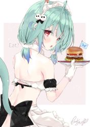 Rule 34 | 1girl, animal ears, blush, burger, cat ears, cat tail, food, from behind, from side, gloves, gradient hair, green hair, hair ornament, hololive, looking at viewer, looking back, looking to the side, maid, moizumi shipon, multicolored hair, red eyes, skull hair ornament, solo, tail, uruha rushia, virtual youtuber