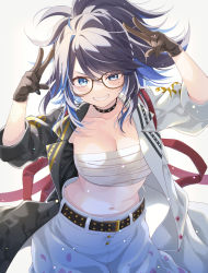 Rule 34 | 1girl, belt, black-framed eyewear, black belt, black coat, black collar, black gloves, black hair, blue eyes, blue hair, breasts, chest sarashi, cleavage, coat, collar, delinquent, gaston57064599, glasses, gloves, hands up, highres, indie virtual youtuber, jacket, kson, large breasts, long hair, long sleeves, looking at viewer, midriff, mole, mole under eye, multicolored coat, multicolored hair, navel, open clothes, open jacket, pants, ponytail, puffy pants, sarashi, smile, solo, souchou, studded belt, studded collar, sukeban, teeth, two-tone coat, two-tone hair, virtual youtuber, white coat, white pants