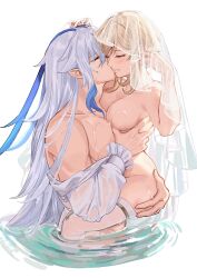 Rule 34 | 1boy, 1girl, blonde hair, blue hair, blush, breasts, carrying, closed eyes, couple, genshin impact, grey hair, hetero, highres, kiss, long hair, lumine (genshin impact), meat7955, medium breasts, multicolored hair, neuvillette (genshin impact), nude, off shoulder, open clothes, open shirt, parted lips, pointy ears, short hair with long locks, simple background, thighhighs, veil, very long hair, water, wet, white background, white thighhighs