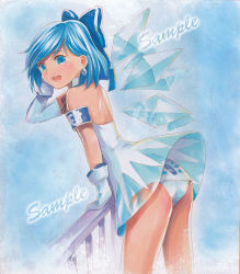 Rule 34 | 1girl, alternate costume, arm support, armband, ass, asymmetrical gloves, back, bare shoulders, blue eyes, blue hair, bow, circled 9, cirno, earrings, elbow gloves, gloves, hair bow, ice, ice wings, jewelry, leotard, matching hair/eyes, mayo riyo, mismatched gloves, open mouth, race queen, railing, sample watermark, short hair, solo, touhou, traditional media, watermark, wings