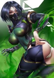 Rule 34 | 1girl, bearwitch, black hair, breasts, covered erect nipples, covered mouth, gas mask, green eyes, highres, impossible clothes, impossible shirt, large breasts, looking at viewer, looking back, mask, medium hair, mouth mask, panties, shirt, smoke, tagme, underwear, valorant, viper (valorant), white panties