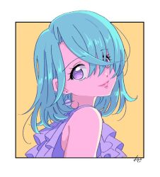 Rule 34 | 1girl, bare shoulders, blue hair, border, closed mouth, commentary request, earrings, from side, hair over one eye, hojo cosmo, jewelry, looking at viewer, pink lips, pretty series, pripara, purple eyes, rituyama1, short hair, signature, smile, solo, upper body, white border, yellow background