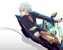Rule 34 | 1boy, adapted object, bad id, bad pixiv id, blue eyes, csyday, fate/grand order, fate (series), formal, grey hair, hair between eyes, highres, male focus, motor vehicle, motorcycle, necktie, prince of lan ling (fate), short hair, solo, suit