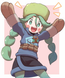 Rule 34 | 1girl, :d, arms up, black skirt, blush stickers, border, braid, brown bag, brown mittens, child, commentary request, creatures (company), eyelashes, fur hat, game freak, green eyes, green hair, green hat, green pantyhose, grey jacket, hair between eyes, happy, hat, highres, jacket, kurachi mizuki, mittens, nintendo, notice lines, open mouth, outside border, pantyhose, pink background, pokemon, pokemon legends: arceus, sabi (pokemon), skirt, smile, solo, teeth, tongue, twin braids, twintails, upper teeth only, white border