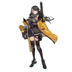 Rule 34 | 1girl, artist request, bag, black footwear, black gloves, black hair, black thighhighs, breasts, charm (object), closed mouth, colt 9mm smg, gas mask, girls&#039; frontline, gloves, gun, headset, heterochromia, holding, holding gun, holding weapon, id card, jacket, knee pads, lanyard, long hair, m4 sopmod ii (girls&#039; frontline), m4 sopmod ii jr, magazine (weapon), mask, mask around neck, megaphone, mod3 (girls&#039; frontline), mouth mask, multicolored hair, noveske rifleworks, noveske space invader, off shoulder, official alternate costume, official art, pouch, red eyes, ro635 (girls&#039; frontline), ro635 (mod3) (girls&#039; frontline), skirt, sleeveless, solo, standing, streaked hair, submachine gun, thigh strap, thighhighs, transparent background, weapon, white hair, yellow eyes, yellow jacket