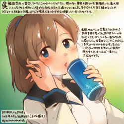 Rule 34 | 1girl, anchor symbol, blue eyes, brown hair, colored pencil (medium), commentary request, dated, hair between eyes, holding, intrepid (kancolle), kantai collection, kirisawa juuzou, long sleeves, numbered, open mouth, ponytail, shirt, short hair, solo, traditional media, translation request, twitter username, white shirt
