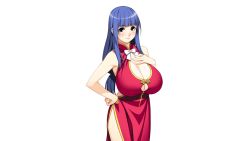 Rule 34 | 1girl, bare shoulders, blue eyes, blue hair, blunt bangs, blush, breasts, china dress, chinese clothes, cleavage, cleavage cutout, clothing cutout, cowboy shot, dress, fuutou shizune, hand on own hip, huge breasts, kareshi inai reki = nenrei, long hair, looking at viewer, matching hair/eyes, no bra, oshioki sweetie, side slit, smile, solo, standing, transparent background