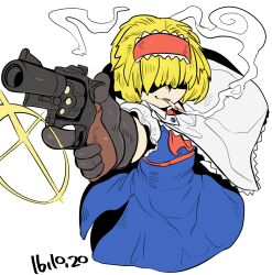 Rule 34 | 1girl, alice margatroid, ascot, black gloves, blonde hair, blue dress, bullet, capelet, cigarette, closed mouth, commentary request, cookie (touhou), cowboy shot, dated, dress, frilled hairband, frilled sleeves, frills, glint, gloves, gun, hair between eyes, hair over eyes, hairband, handgun, holding, holding gun, holding weapon, jigen (cookie), long bangs, looking at viewer, red ascot, red hairband, red sash, revolver, sash, short hair, simple background, smile, smoke, smoking, solo, tetugakuzonbi, touhou, weapon, white background, white capelet