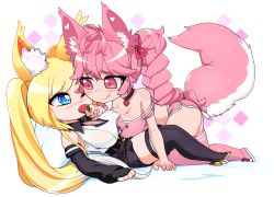 Rule 34 | :q, alice (flanaki), animal ears, blonde hair, blue eyes, boots, braid, detached sleeves, edwardjsus, fingerless gloves, food, fox ears, fox girl, fox tail, fruit, gloves, kireina (osiimi), long hair, off-shoulder shirt, off shoulder, original, pink hair, shirt, skirt, strawberry, tail, thigh boots, thighhighs, tongue, tongue out, twintails, very long hair, virtual youtuber