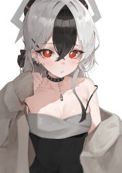 Rule 34 | 1girl, black choker, black hair, blue archive, blush, breasts, bright pupils, cardigan, choker, collarbone, commentary, demon horns, earrings, grey cardigan, grey hair, hair between eyes, halo, highres, horns, jewelry, kagemoe1003, kayoko (blue archive), kayoko (dress) (blue archive), looking at viewer, official alternate costume, red eyes, simple background, skindentation, small breasts, solo, strap slip, stud earrings, upper body, white background, white pupils