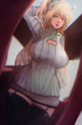 Rule 34 | 1girl, arm behind head, black thighhighs, blonde hair, blue eyes, breasts, cleavage cutout, clothing cutout, commentary, english commentary, highres, hime hajime, huge breasts, jewelry, long hair, looking at viewer, necklace, object through head, parted lips, screw in head, short sidetail, smile, solo, taku artworks, thighhighs, very long hair, virtual youtuber, vshojo