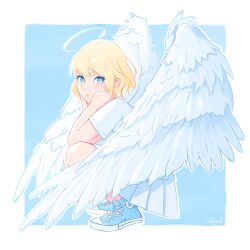 Rule 34 | 1girl, angel, angel wings, artist name, blonde hair, blue background, blue eyes, blue footwear, border, closed mouth, commentary, feathered wings, feathers, full body, halo, hands on own cheeks, hands on own face, highres, large wings, looking at viewer, medium hair, original, pleated skirt, ranveld, shirt, shoes, short sleeves, sitting, skirt, sneakers, solo, squatting, white border, white halo, white shirt, white skirt, white wings, wings