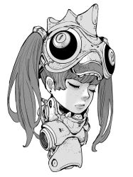 Rule 34 | 1girl, acky bright, closed eyes, ear piercing, earrings, eyelashes, fangs, freckles, greyscale, helmet, highres, jewelry, lips, mecha, mecha musume, mechanical parts, monochrome, original, piercing, portrait, robot, simple background, solo, teeth, twintails, white background