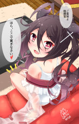 Rule 34 | 1girl, absurdres, ahoge, azur lane, black hair, blush, commentary request, dated, hair between eyes, hair ornament, hairclip, highres, horns, i-168 (azur lane), inori (xyz5568), long hair, looking at viewer, looking back, open mouth, red eyes, school uniform, signature, sitting, solo, table, translation request, twintails, wooden floor