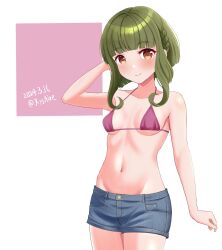 Rule 34 | 1girl, ame-san, bikini, bob cut, breasts, brown eyes, cowboy shot, dated, denim, denim shorts, green hair, groin, highres, kantai collection, navel, purple bikini, short hair, short hair with long locks, shorts, sidelocks, small breasts, smile, solo, standing, swimsuit, takanami (kancolle), twitter username, two-tone background, white background