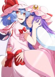 Rule 34 | 2girls, blue hair, bow, closed mouth, commentary request, dress, dress bow, eichi yuu, fang, hand on another&#039;s cheek, hand on another&#039;s face, hat, hat ribbon, highres, long hair, looking at viewer, mob cap, multiple girls, open mouth, patchouli knowledge, pink dress, pointy ears, purple eyes, purple hair, red bow, red eyes, red ribbon, remilia scarlet, ribbon, short hair, short sleeves, simple background, smile, touhou, white background, wide sleeves