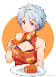 Rule 34 | 1girl, absurdres, artist name, blue eyes, breasts, china dress, chinese clothes, cleavage, dress, eating, food, food on face, highres, holding, holding plate, knife, ling long: incarnation, looking at viewer, luojiwei, medium breasts, mid-autumn festival, mooncake, orange background, plate, ran bing, red dress, short hair, silver hair, solo, upper body, mid-autumn festival