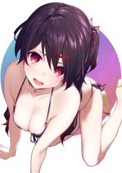 Rule 34 | 1girl, ahoge, all fours, bad id, bad twitter id, bare arms, bare legs, bare shoulders, bikini, black bikini, black hair, blue background, blurry, blush, breasts, choker, circle, cleavage, collarbone, commentary, depth of field, eyelashes, foreshortening, front-tie bikini top, front-tie top, frown, gradient background, hair ornament, hair ribbon, halterneck, high heels, highres, kuen (kuennn12), long hair, looking at viewer, lower teeth only, medium breasts, midriff peek, multicolored hair, open mouth, original, pink background, red eyes, red hair, ribbon, side-tie bikini bottom, simple background, solo, spaghetti strap, streaked hair, string bikini, swimsuit, teeth, two-tone hair, two side up, wedge heels, white background