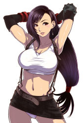 Rule 34 | 1990s (style), 1girl, armpits, arms behind head, belt, black gloves, black hair, breasts, collarbone, earrings, elbow gloves, elbow pads, final fantasy, final fantasy vii, gloves, highres, jewelry, large breasts, lips, long hair, low-tied long hair, midriff, miniskirt, navel, panties, pantyshot, pencil skirt, purple hair, red eyes, retro artstyle, shirt, simple background, skirt, solo, suspender skirt, suspenders, tank top, taut clothes, taut shirt, tifa lockhart, twinpoo, underwear, upskirt, very long hair, white panties
