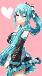 Rule 34 | 1girl, :d, absurdres, bare shoulders, black skirt, black sleeves, blue eyes, blue hair, blue nails, blue necktie, blush, bow, collared shirt, commentary request, grey shirt, hair between eyes, hair bow, hair over shoulder, hatsune miku, heart, highres, holding, holding hair, long hair, long sleeves, looking at viewer, nail polish, necktie, open mouth, pentagon (railgun ky1206), pink background, pleated skirt, ponytail, shirt, sidelocks, simple background, skirt, sleeveless, sleeveless shirt, smile, solo, striped, striped bow, very long hair, vocaloid, wide sleeves