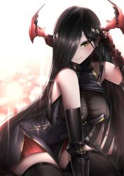 Rule 34 | 1girl, azur lane, bare shoulders, black hair, blush, breasts, dress, friedrich der grosse (azur lane), gdat, gloves, hair over one eye, hand in own hair, highres, horn ornament, horns, large breasts, long hair, looking at viewer, mechanical horns, red gloves, red horns, see-through, short dress, sleeveless, sleeveless dress, solo, thighhighs, very long hair, yellow eyes