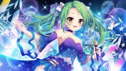 Rule 34 | 1girl, bamboo, bare shoulders, blue choker, blue dress, blue skirt, blue sleeves, bow, breasts, choker, cleavage, collarbone, constellation print, detached sleeves, dot nose, dress, film grain, game cg, green hair, hair bow, holding, holding microphone, izumi tsubasu, lens flare, long hair, looking at viewer, medium breasts, microphone, night, night sky, non-web source, official art, open mouth, outdoors, outstretched arm, re:stage!, shirokita kuroha, skirt, sky, smile, solo, sparkle, stage lights, star (sky), star (symbol), starry sky, tanabata, tanzaku, two side up, white bow, yellow eyes