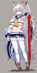 Rule 34 | 1girl, absurdres, alternate costume, alternate hairstyle, armpits, ascot, ayanami (azur lane), ayanami (azur lane) (cosplay), azur lane, belt, blue skirt, breasts, choker, clenched hand, collarbone, commentary request, cosplay, detached sleeves, full body, graf zeppelin (azur lane), grey background, groin, hair between eyes, hair ornament, hairclip, headgear, hey taisyou, high ponytail, highres, large breasts, long hair, looking at viewer, navel, parted lips, pleated skirt, ponytail, red eyes, red footwear, retrofit (azur lane), school uniform, serafuku, shaded face, sidelocks, simple background, skirt, solo, thighhighs, underboob, very long hair, wavy hair, white hair, white thighhighs, wide sleeves, zettai ryouiki