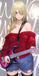 Rule 34 | 1girl, bare shoulders, between breasts, black thighhighs, blonde hair, blue nails, blue shorts, breasts, character request, cleavage, collarbone, commentary request, copyright request, cowboy shot, electric guitar, grey background, grey eyes, grin, guitar, hair over one eye, highres, instrument, large breasts, long hair, long sleeves, looking at viewer, nail polish, off-shoulder sweater, off shoulder, parted lips, pupps, red sweater, ribbed sweater, shorts, smile, solo, standing, strap between breasts, sweater, thighhighs, torn clothes