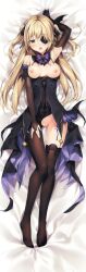 Rule 34 | 1girl, absurdres, arm up, armpits, aroused, bare shoulders, bed sheet, black dress, black footwear, black gloves, black panties, blonde hair, boots, bow, bowtie, breasts, bridal gauntlets, brown thighhighs, center opening, dakimakura (medium), detached sleeves, dress, eyepatch, fischl (genshin impact), fishnets, full body, garter straps, genshin impact, gloves, gluteal fold, green eyes, hair over one eye, hair ribbon, hand up, highres, karory, long hair, looking at viewer, lying, medium breasts, nipples, on back, open mouth, panties, pussy juice, revealing clothes, ribbon, single glove, single leg pantyhose, single thighhigh, solo, spaghetti strap, tailcoat, thighhighs, thighs, two side up, underwear