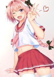 Rule 34 | 1boy, absurdres, astolfo (fate), astolfo (sailor paladin) (fate), black bow, blush, bow, braid, fate (series), hair bow, hair intakes, heart, highres, long hair, looking at viewer, male focus, multicolored hair, navel, neckerchief, official alternate costume, one eye closed, open mouth, pink hair, pink neckerchief, purple eyes, red skirt, satosi, skirt, smile, solo, thighhighs, trap, v, white hair, white thighhighs