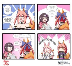 Rule 34 | 4girls, animal ear fluff, animal ears, animal hands, bell, black collar, black hair, blue bow, blue kimono, blue ribbon, bow, brown hair, carrot, carrot hair ornament, cloak, collar, cosplay, english text, fate/grand order, fate (series), food, food-themed hair ornament, fox ears, fox girl, fox tail, fur scarf, glasses, gloves, gradient hair, hair between eyes, hair ornament, hairband, highres, hololive, hood, hooded cloak, japanese clothes, keita naruzawa, kimono, koyanskaya (fate), long hair, low twintails, midriff, multicolored hair, multiple girls, neck bell, nekomata okayu, nekomata okayu (cosplay), onigiri, onigiri print, open mouth, osakabehime (fate), pants, paw gloves, pink cloak, pink hair, rabbit, rabbit ears, ribbon, scarf, speech bubble, sweatpants, tail, tamamo (fate), tamamo cat (fate), tamamo no mae (fate/extra), trait connection, twintails, usada pekora, usada pekora (1st costume), usada pekora (cosplay), very long hair, virtual youtuber, white scarf, yellow eyes