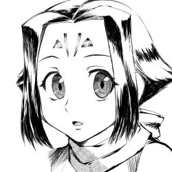 Rule 34 | 1girl, facial mark, fiona (zoids), greyscale, hair ribbon, looking at viewer, monochrome, open mouth, ribbon, short hair, simple background, solo, ueyama michirou, white background, zoids, zoids chaotic century