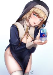 Rule 34 | 1girl, absurdres, black robe, blonde hair, blue background, blue eyes, bottle, breasts, caiman pool, cleavage cutout, clothing cutout, cross, cross necklace, gradient background, habit, heart, highres, holding, holding bottle, jewelry, leaning forward, long sleeves, looking at viewer, mole, mole on breast, necklace, nun, original, robe, short hair, smile, solo, standing, thighhighs, water bottle, white background, white thighhighs