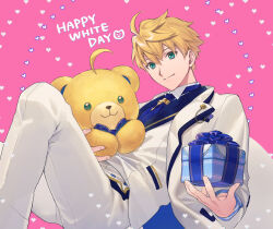 Rule 34 | 1boy, arthur pendragon (fate), arthur pendragon (white rose) (fate), blonde hair, blue necktie, box, closed mouth, commentary request, english text, fate/grand order, fate (series), formal, gift, gift box, green eyes, hair between eyes, heart, highres, holding, holding box, jacket, long sleeves, looking at viewer, male focus, nakahara (mu tation), necktie, open clothes, open jacket, pants, pink background, short hair, solo, stuffed animal, stuffed toy, suit, suit jacket, teddy bear, vest, white day, white pants, white suit, white vest
