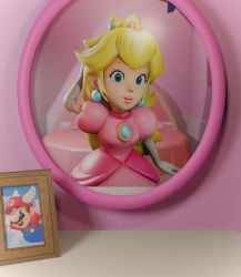 Rule 34 | 1girl, 3d, arm up, blender (medium), blonde hair, blue eyes, closed mouth, commentary, crown, dress, earrings, elbow gloves, english commentary, gloves, highres, inkbennie, jewelry, lipstick, long hair, makeup, mario, mario (series), mirror, nintendo, photo (object), picture frame, pink dress, pink lips, princess peach, puffy short sleeves, puffy sleeves, short sleeves, smile, solo, super mario 64, white gloves, wing cap, wing mario