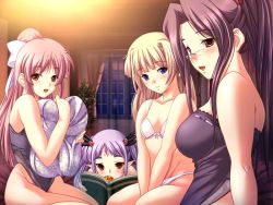 Rule 34 | 4girls, ayame neuendorf, blonde hair, blue eyes, blush, book, bra, breasts, cecilia wainsearth, cookie, dungeon crusaderz, elf, erika rouleburg, flat chest, food, game cg, glasses, hair ornament, iris (dungeon crusaderz), large breasts, lingerie, long hair, m&amp;m, mouth hold, multiple girls, non-web source, open mouth, panties, pillow, pink hair, pointy ears, ponytail, purple eyes, purple hair, red eyes, sitting, teddy (lingerie), twintails, underwear, white panties, yellow eyes