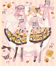 Rule 34 | 2girls, ankle socks, argyle clothes, argyle socks, black bow, black choker, black footwear, black ribbon, black socks, black wrist cuffs, blonde hair, bow, bow button, bow print, braid, center frills, cherry, chinese commentary, choker, circle, closed mouth, cloud print, collar, collared shirt, commentary request, cookie, cookie print, crescent print, crumbs, cupcake, double bun, dress, food, footwear bow, frilled dress, frilled footwear, frilled shirt collar, frilled sleeves, frilled wrist cuffs, frills, fruit, full body, hair bow, hair bun, high-waist skirt, high heels, highres, holding, holding hands, holding pillow, holding spoon, kneehighs, lace, lace-trimmed legwear, lace-trimmed skirt, lace trim, leg up, lolita fashion, long hair, looking at viewer, mary janes, mask, mask on head, medium dress, medium skirt, multiple girls, neck ribbon, one eye closed, open mouth, original, oversized object, pillow, pink background, pink bow, pink collar, pink dress, pink eyes, pink footwear, pink hair, pink mask, pink ribbon, pink skirt, pink sleeves, pink socks, polka dot, polka dot bow, polka dot ribbon, polka dot socks, polka dot wrist cuffs, puffy short sleeves, puffy sleeves, ribbon, ribbon choker, shirt, shoes, short sleeves, skirt, sleep mask, smile, socks, sparkle, spoon, star (sky), star (symbol), starry sky print, striped, striped background, suspenders, teeth, twin braids, twintails, twitter username, two-tone background, upper teeth only, white shirt, wrist cuffs, yellow background, yellow eyes, yeshisi