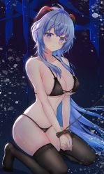 Rule 34 | 1girl, absurdres, ahoge, alternate costume, bare arms, bare shoulders, bikini, black bikini, blue hair, blush, bound, bound wrists, breasts, cleavage, closed mouth, ganyu (genshin impact), genshin impact, goat horns, gradient eyes, halterneck, halterneck, highres, horns, kneeling, lace, lace-trimmed bikini, lace trim, large breasts, long hair, looking at viewer, multicolored eyes, no shoes, purple eyes, raised eyebrows, restrained, revision, ronnie z, rope, sidelocks, skindentation, solo, strap gap, string bikini, swimsuit, thighhighs, thighs